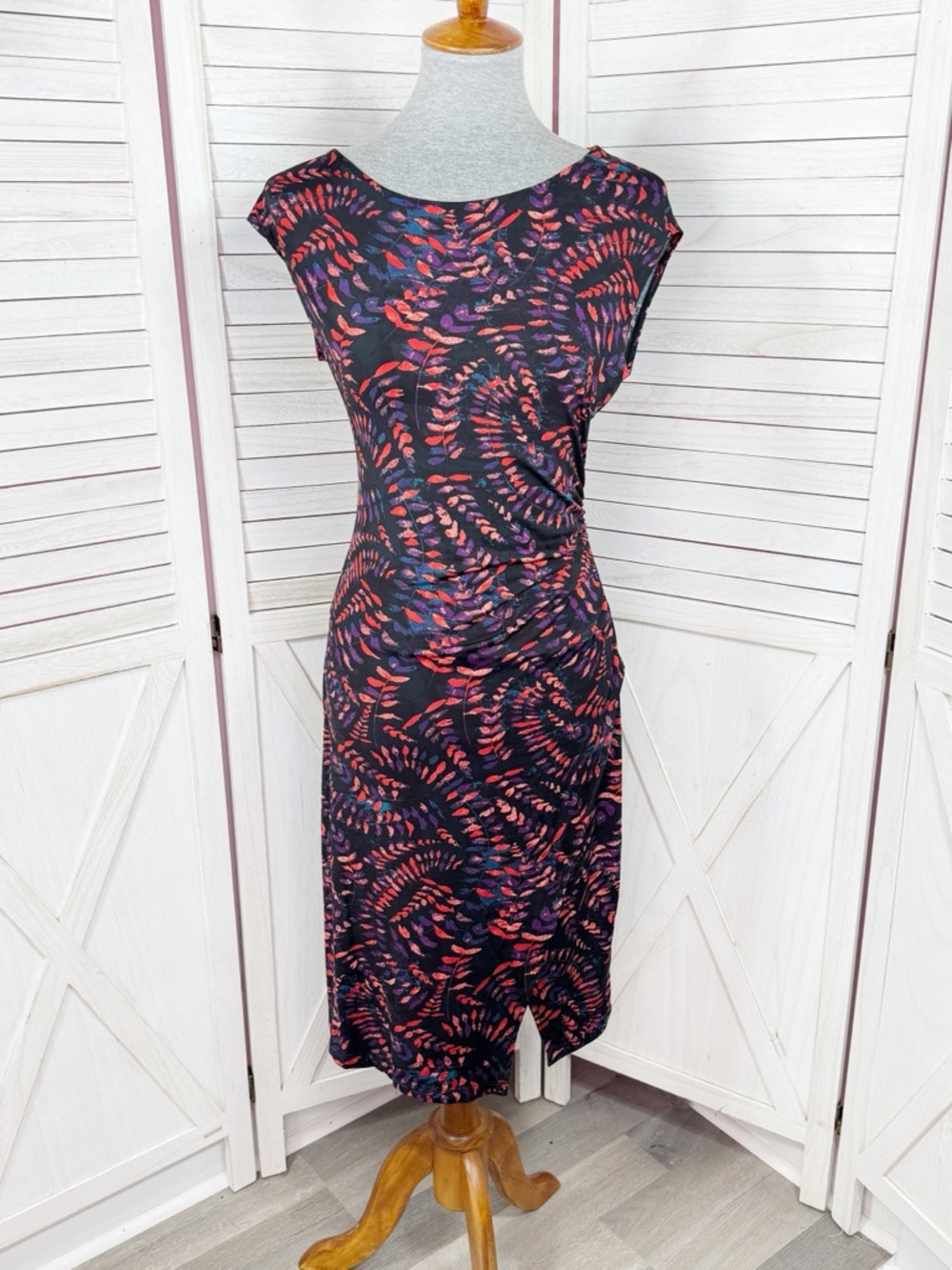 Verse Leaf Branch Printed Ruched Waist Sheath Dress Black Multicolor Medium